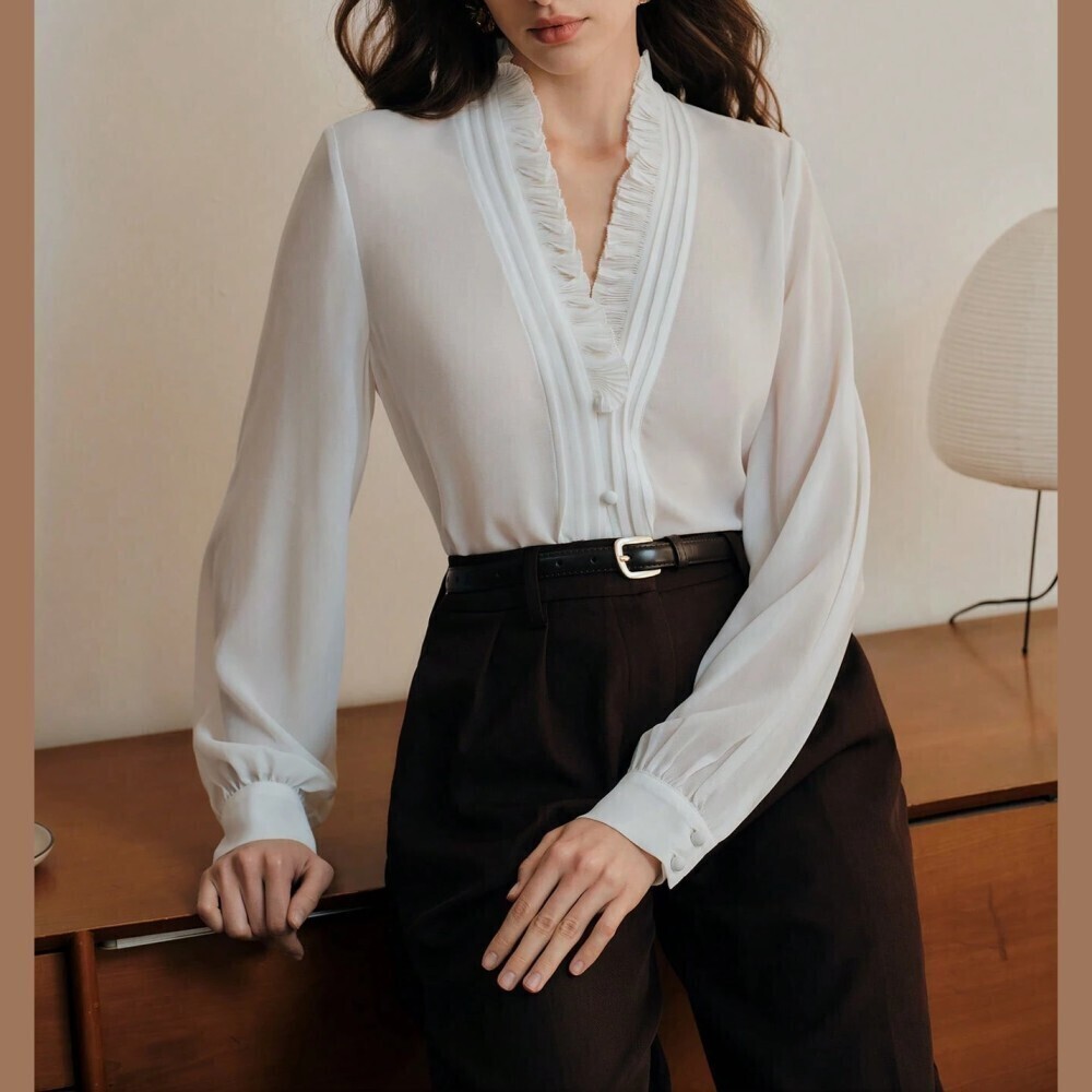 White Ruffled V-Neck Long Sleeve Blouse with Button Cuffs